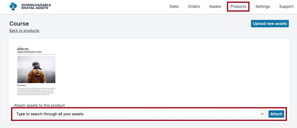 search box to attach assets