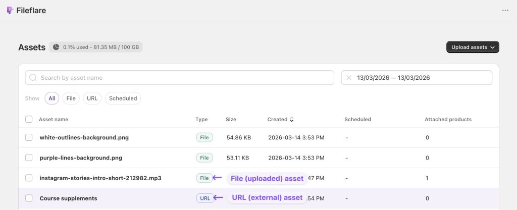 Different asset types in Fileflare