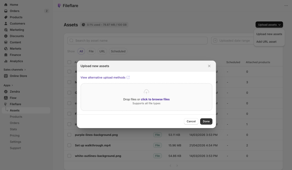 Upload new PDFs or assets to Fileflare