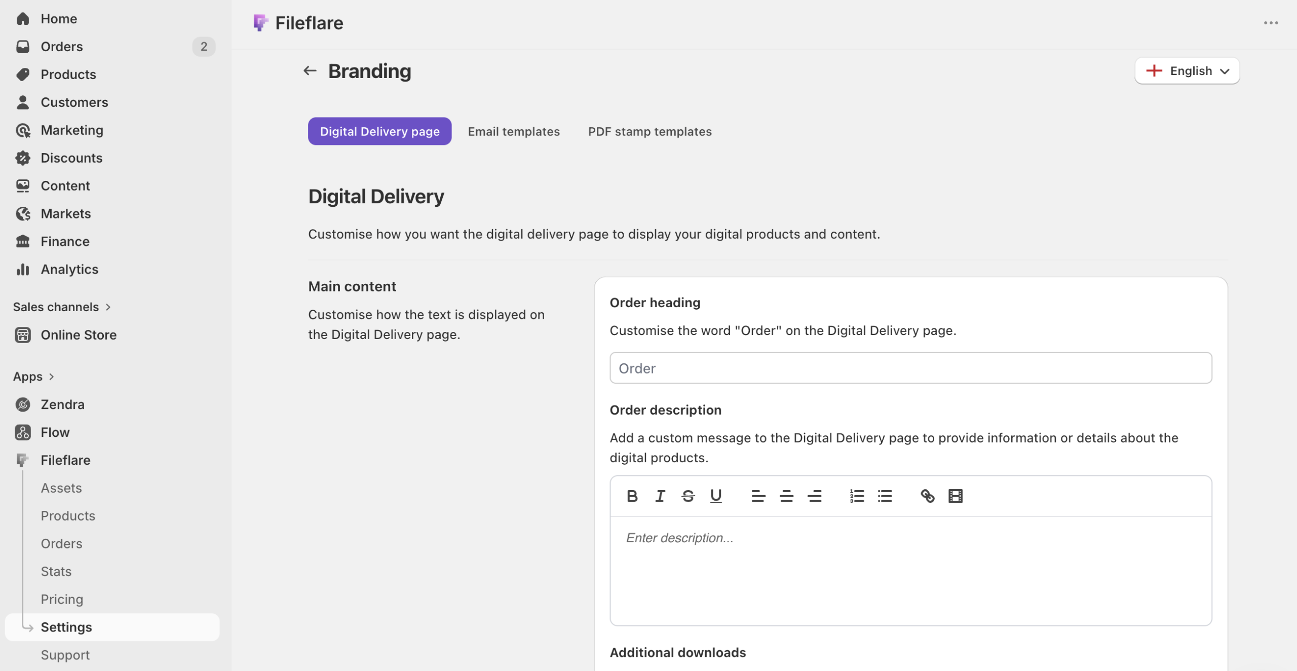 Fileflare download page settings with custom heading