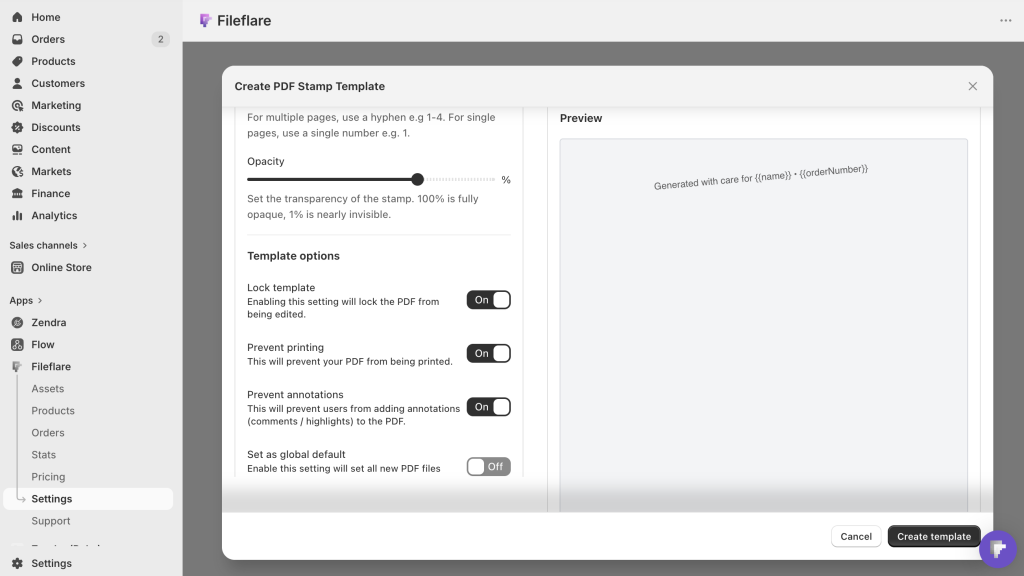Stamped PDF showing buyer name and order number in the footer