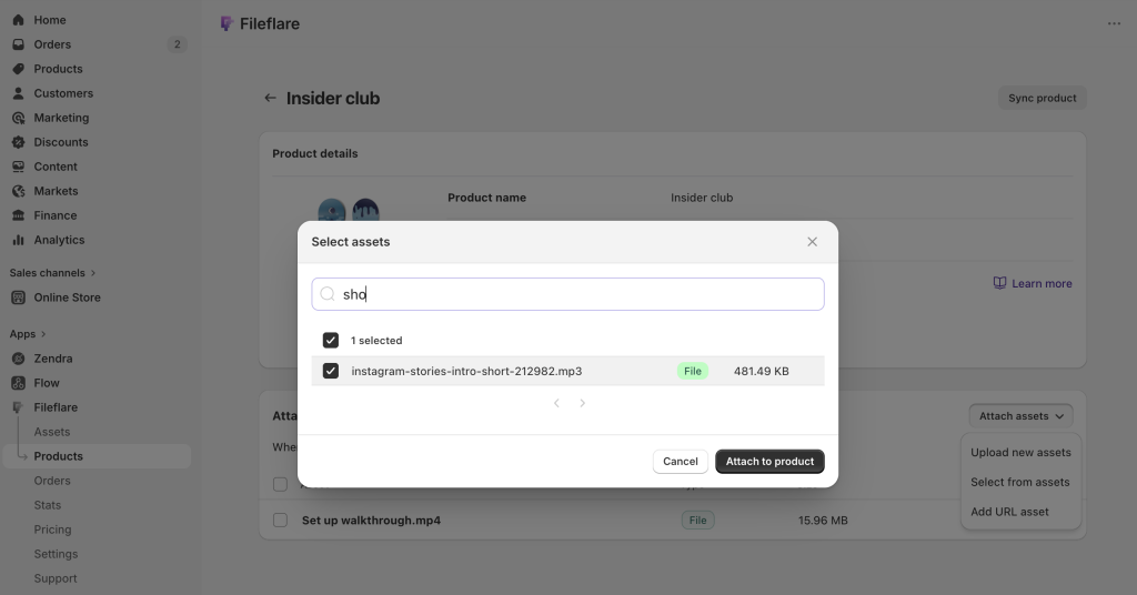 Choosing an asset for a product in Fileflare