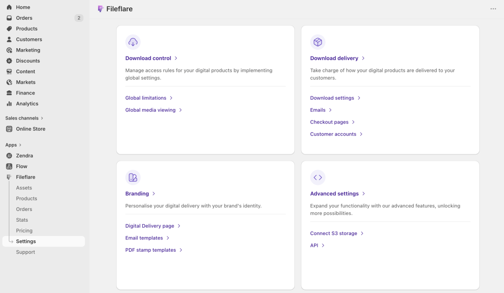Fileflare app settings area in Shopify