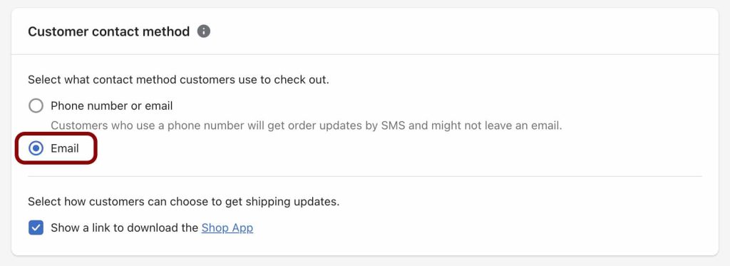 Shopify Customer contact method setting