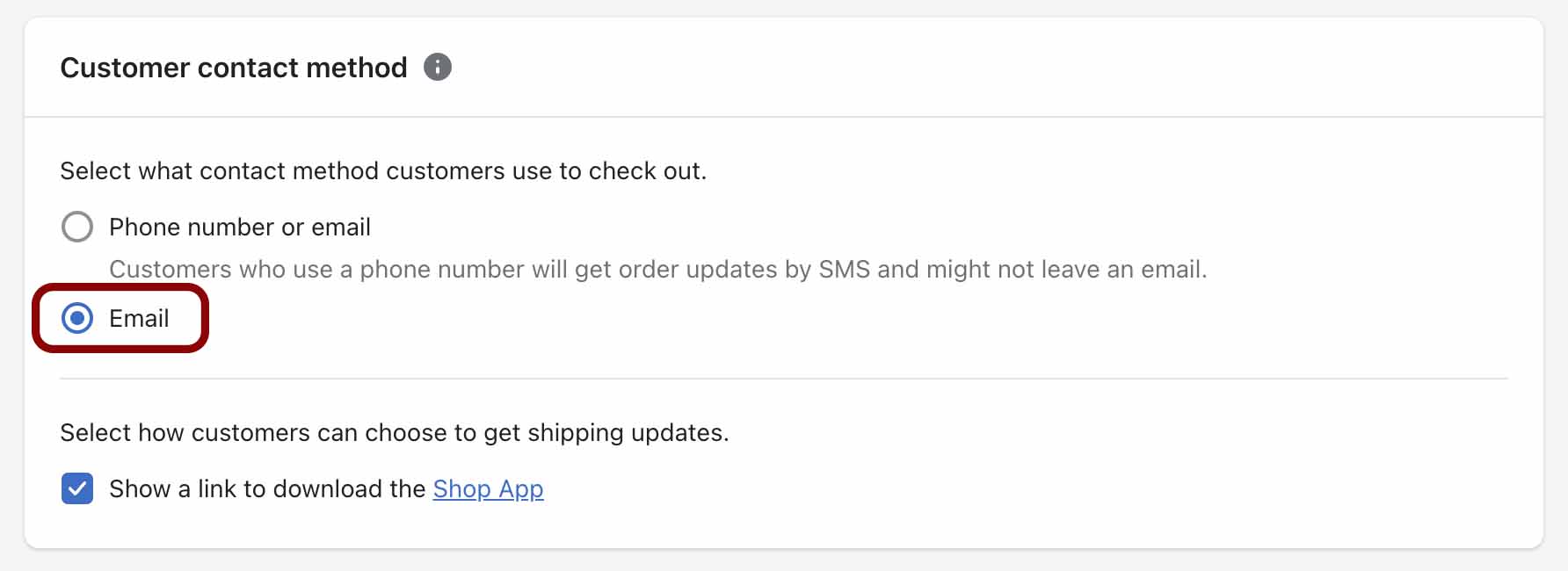Shopify Customer contact method setting