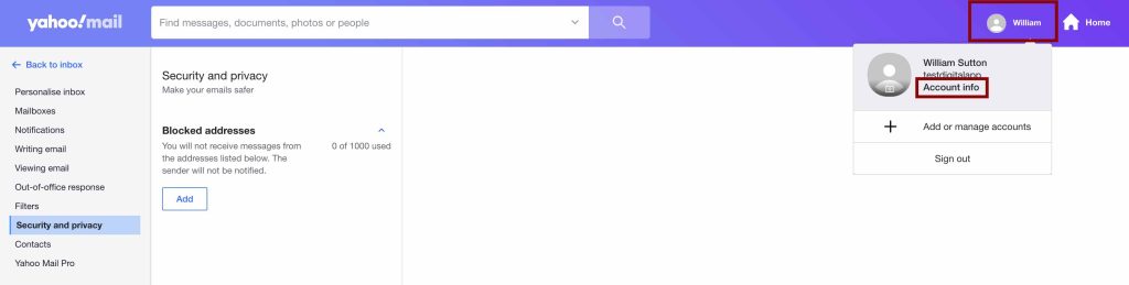 go to yahoo email account info
