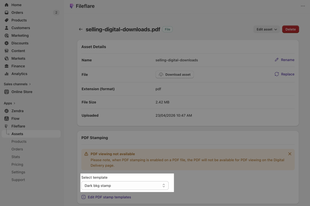 Per-asset stamping template selector