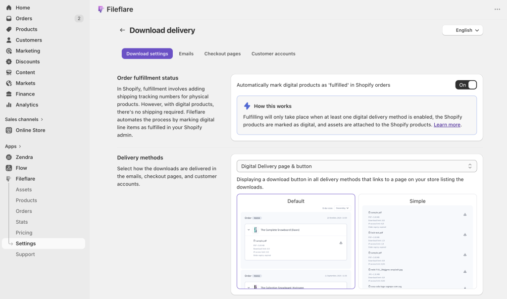 Choosing display style for download delivery
