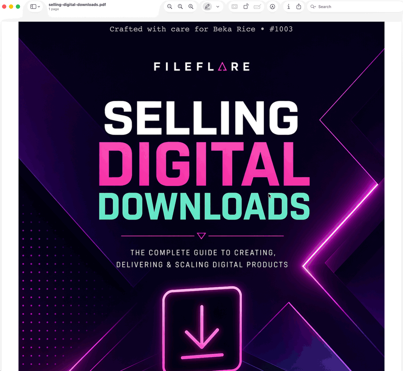 Animated example of a stamped, locked PDF showing buyer details watermarked on each page