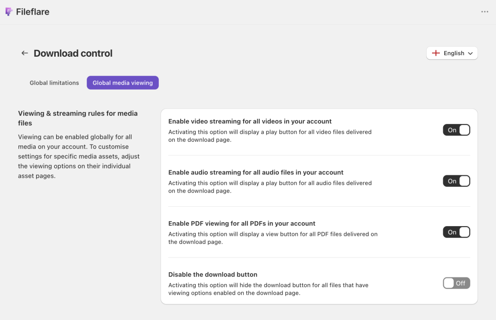 Global media viewing settings page in Fileflare