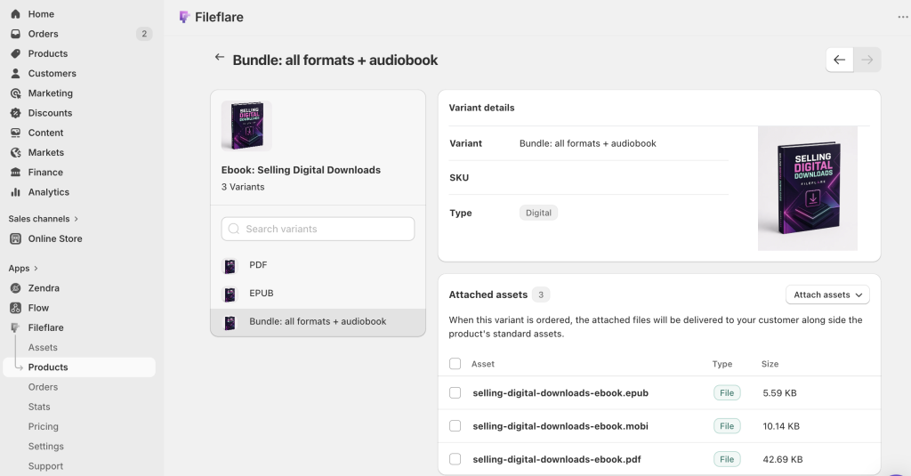 Fileflare product with three ebook file formats attached