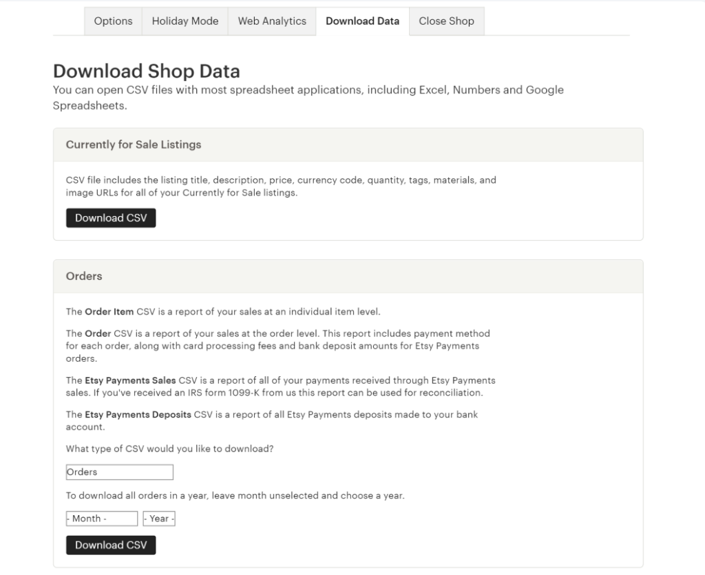 Etsy CSV order export download dialog