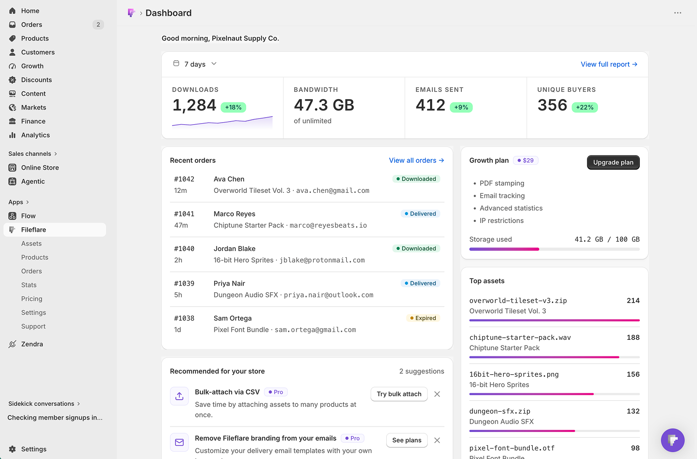 The new Fileflare dashboard, including plan details and basic reporting.