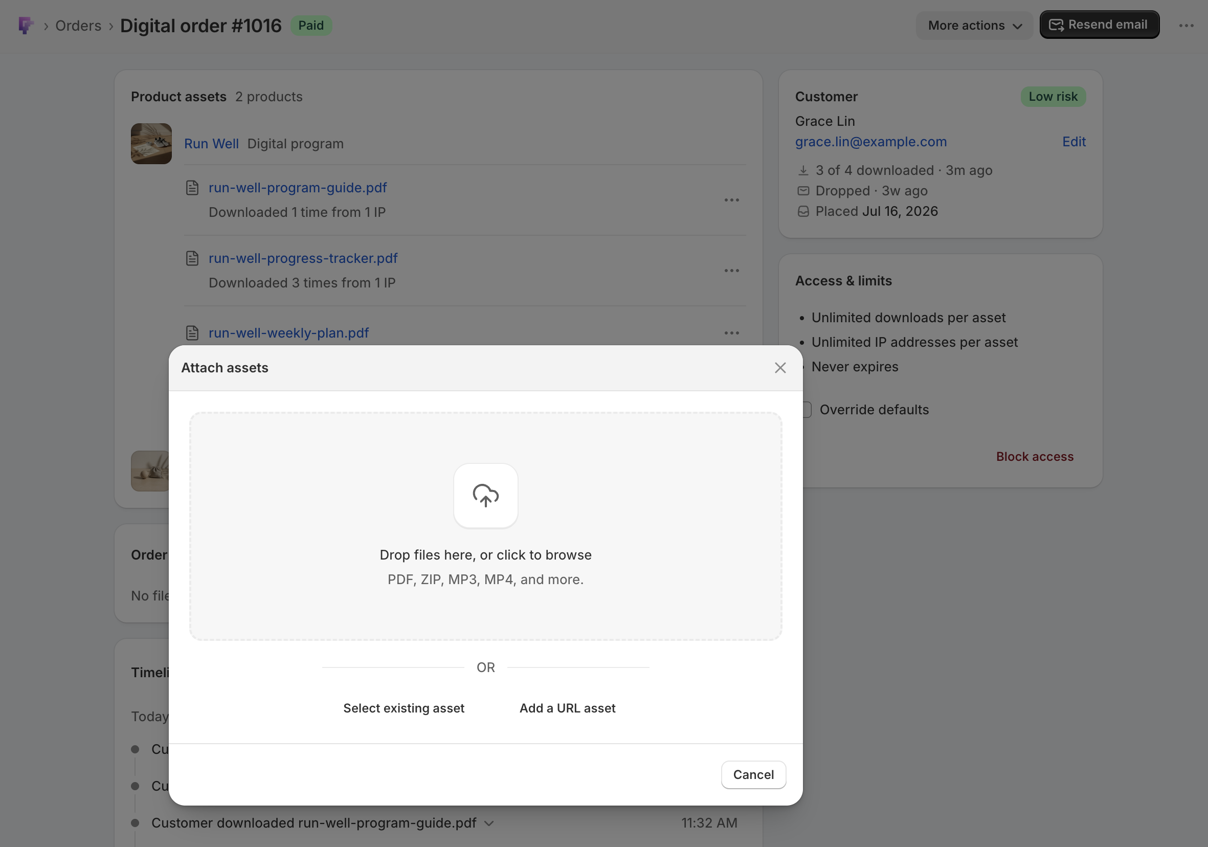 The Attach assets modal on its upload view, with a drop-files-here zone above Select existing asset and Add a URL asset links