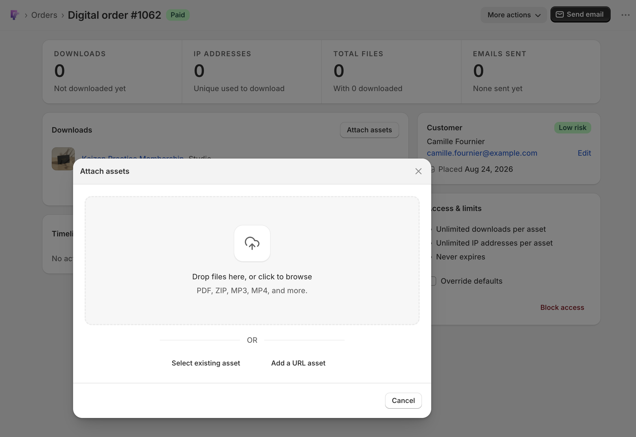 Fileflare Attach assets window on a digital order, with choices to upload a file, select an existing asset, or add a URL asset