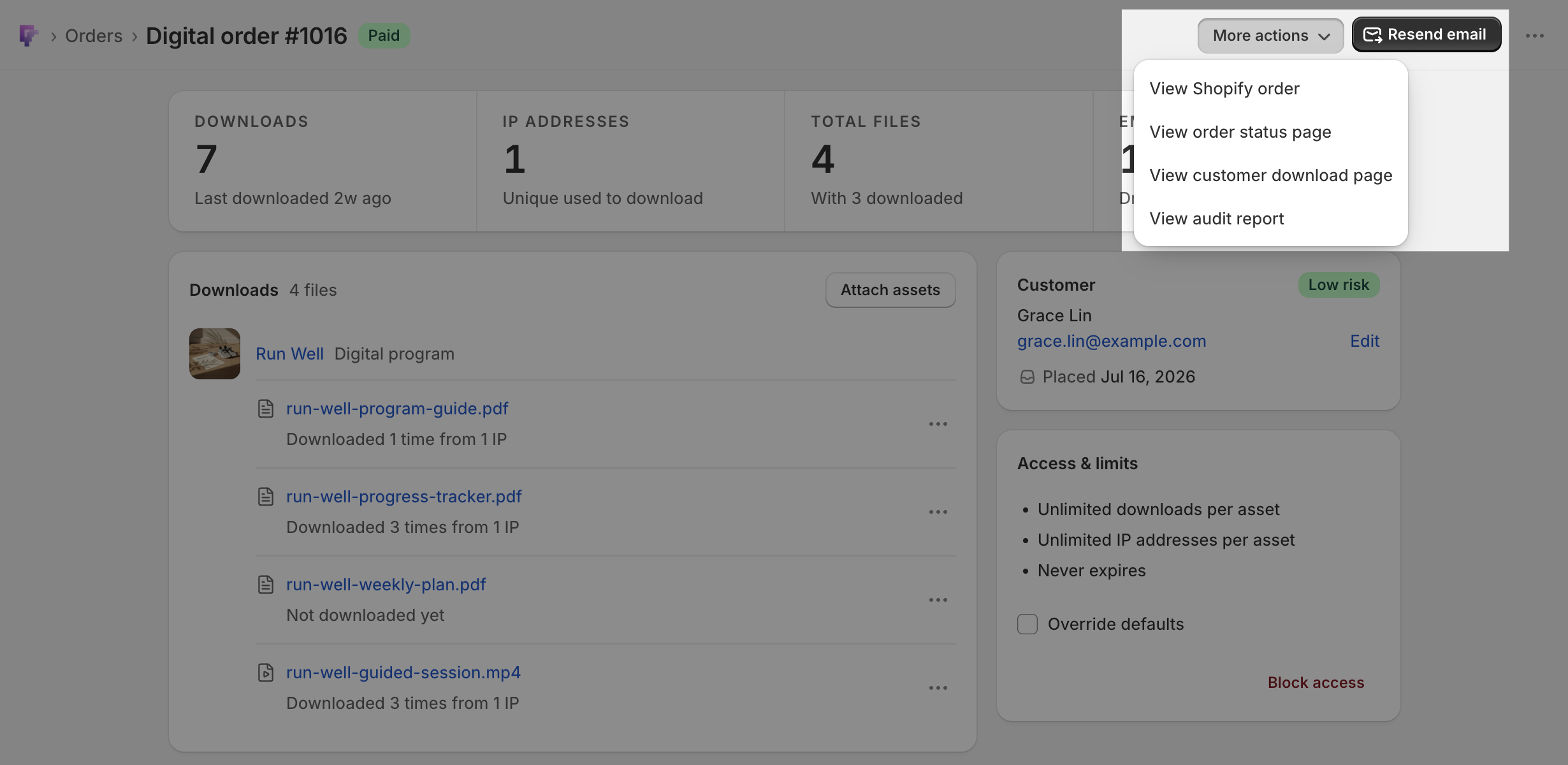 The digital order page header with the Resend email button and the More actions menu open on View audit report, View Shopify order, View order status page, and View customer download page