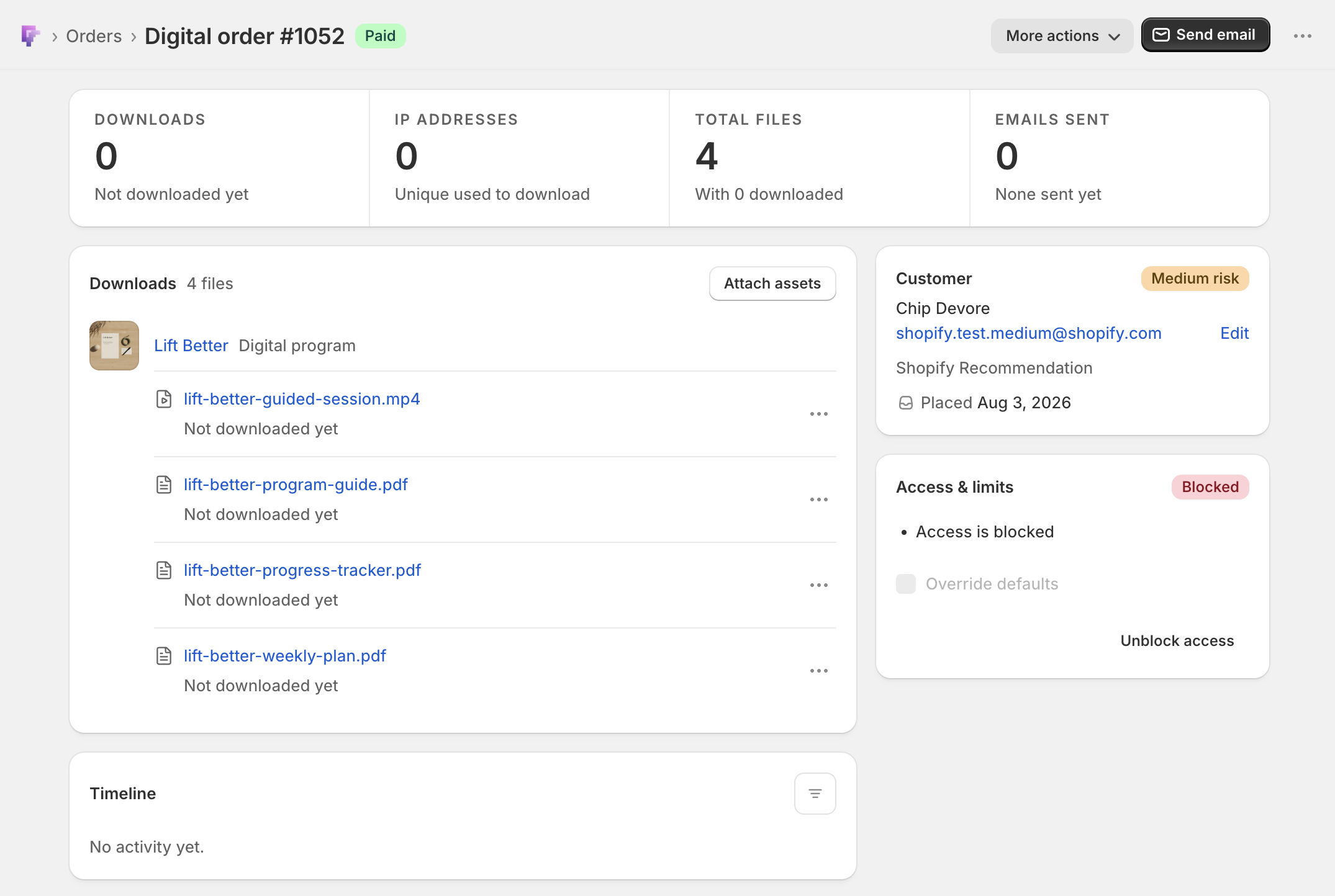 The Fileflare digital order page for order #1052, with a Medium risk badge and a Shopify Recommendation reason line in the Customer card, and the Access and limits card showing a red Blocked badge, the single Access is blocked line, a greyed-out Override defaults checkbox, and Unblock access