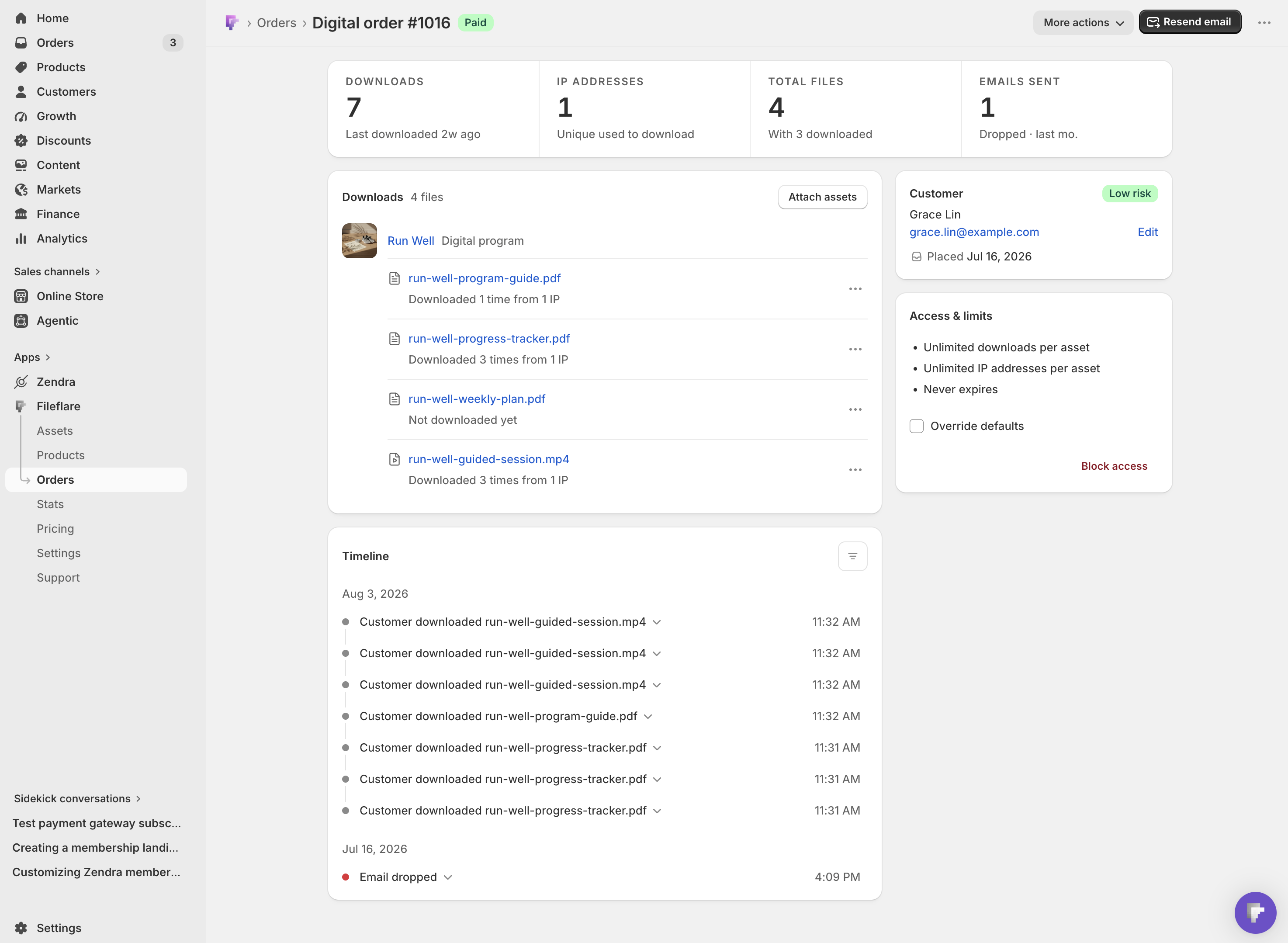 The Fileflare digital order page at desktop width, with a figures strip across the top, Downloads and Timeline in the main column, and Customer and Access & limits alongside