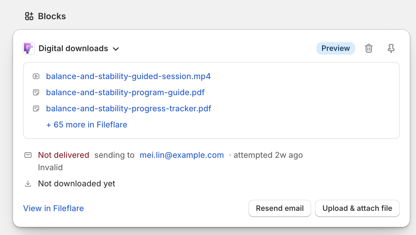 The expanded Digital downloads block on a Shopify order, listing three linked filenames with a + 65 more in Fileflare link, a red Not delivered email line with the address and attempt time, a Not downloaded yet line, and the View in Fileflare, Resend email, and Upload & attach file actions