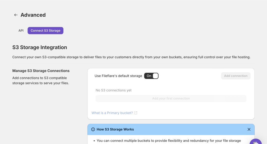 Fileflare Connect S3 Storage settings showing primary bucket controls
