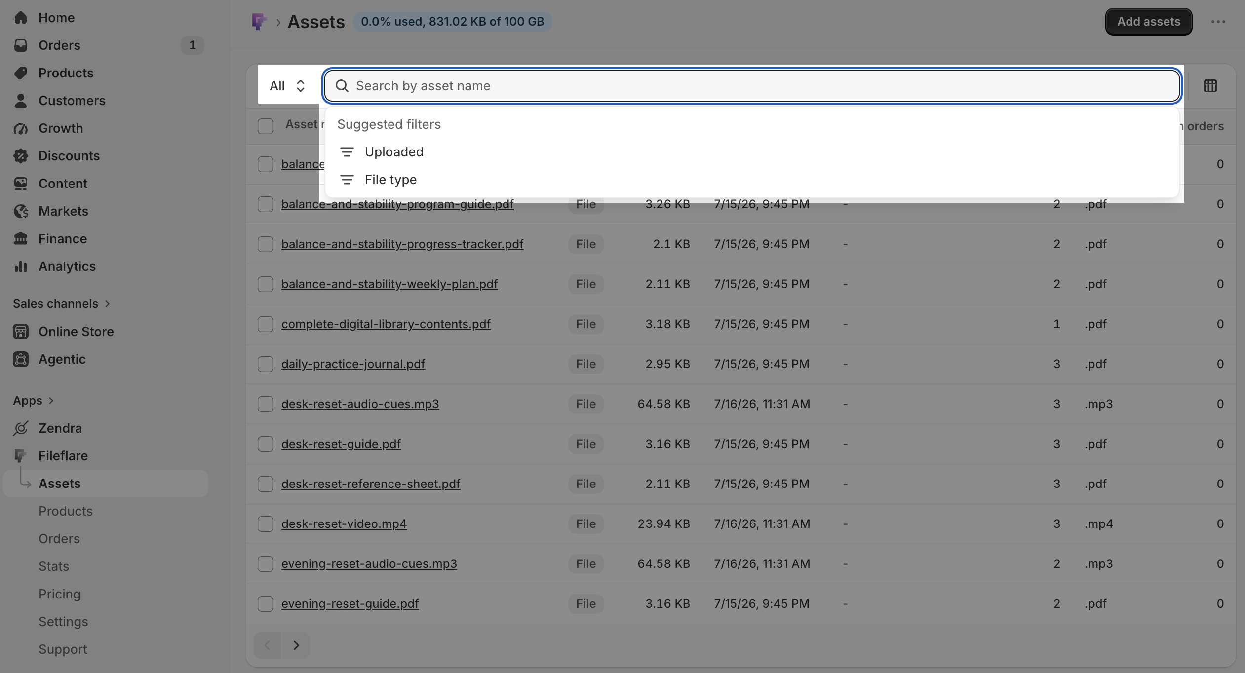 Fileflare asset list filters