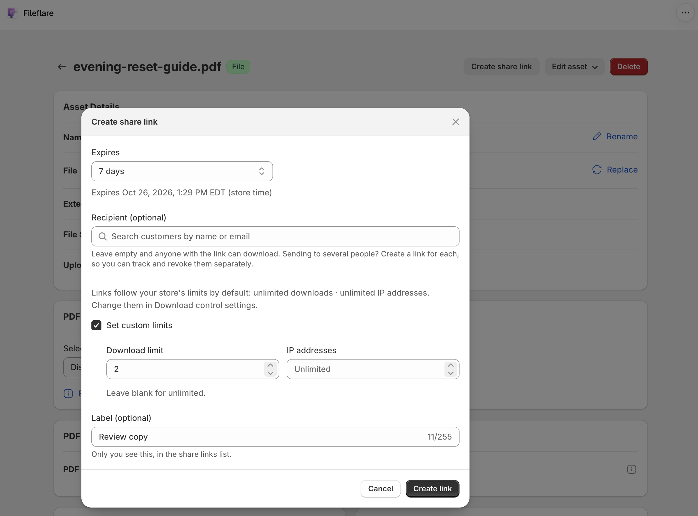 The Create share link window with Expires set to 7 days, an empty Recipient search, custom limits set to two downloads, and the label Review copy.