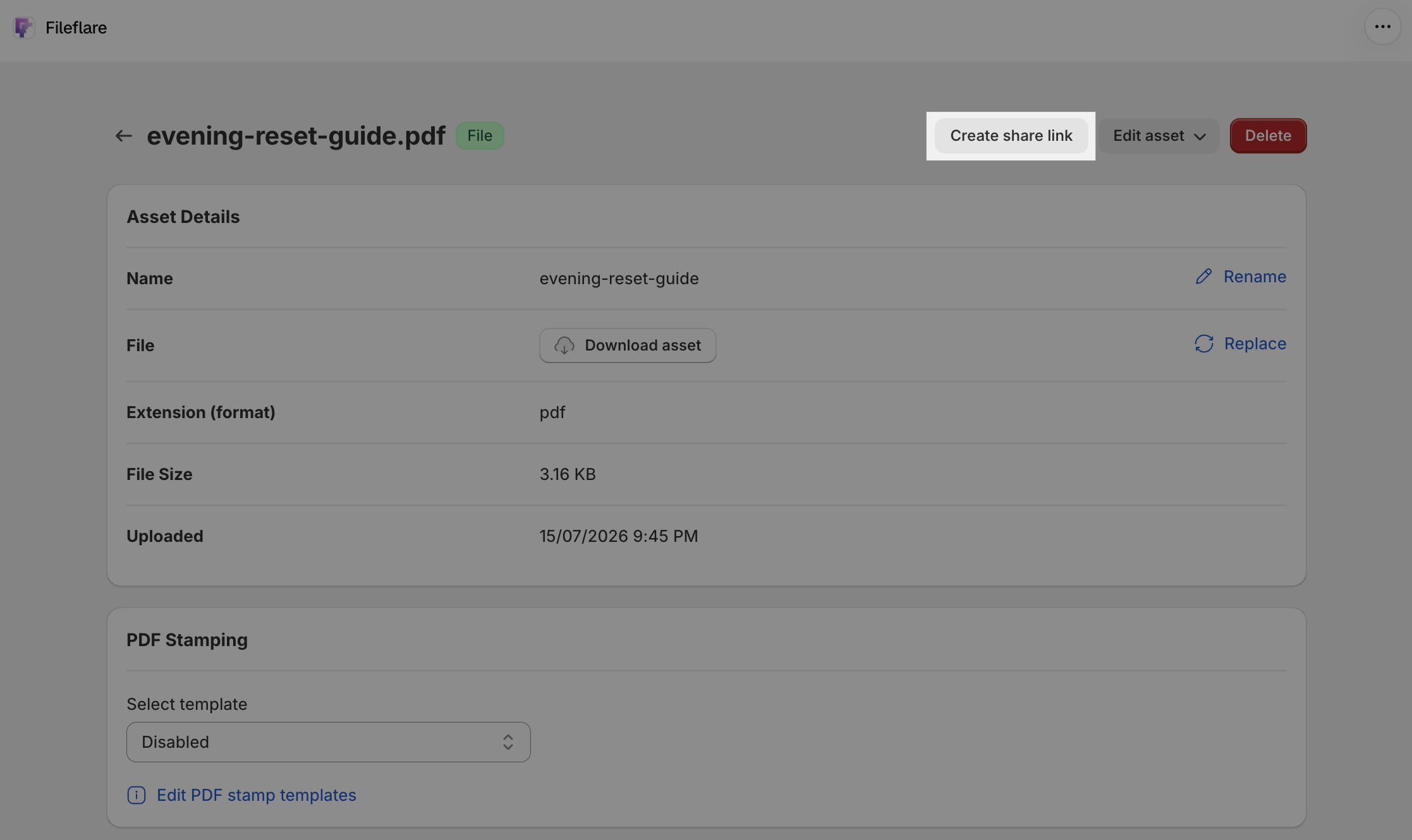 The title bar of a file’s page in Fileflare, with the Create share link button beside Edit asset and Delete.