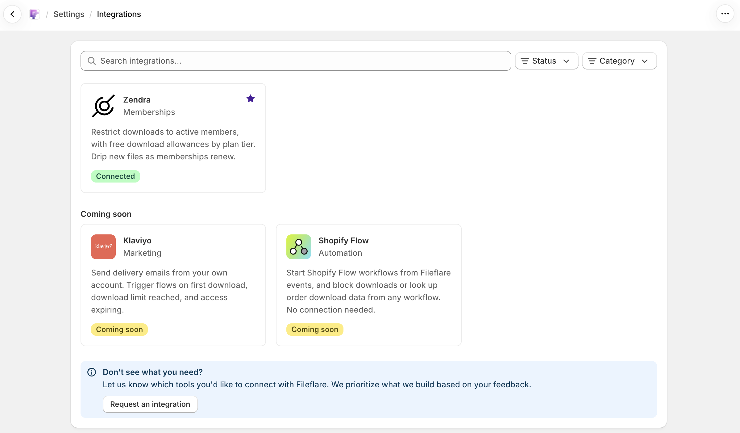 Fileflare’s Settings » Integrations page with the Zendra card showing as connected