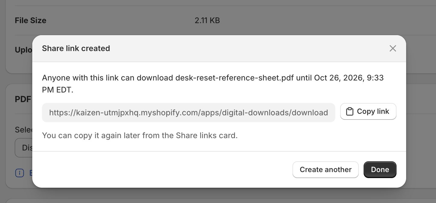 The Share link created window in Fileflare, saying anyone with the link can download the file until a set date and time, with the link and a Copy link button.