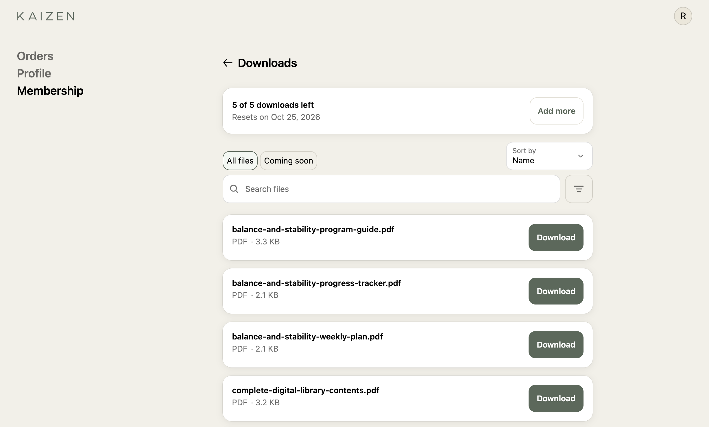 A member’s Downloads page in their customer account, showing 5 of 5 downloads left with a reset date, an Add more button, search and filters, and a list of PDFs with Download buttons