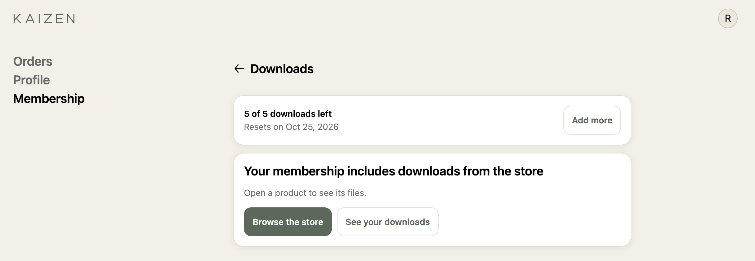 A member’s Downloads page with the file list turned off, showing a note that the membership includes downloads from the store and Browse the store and See your downloads buttons