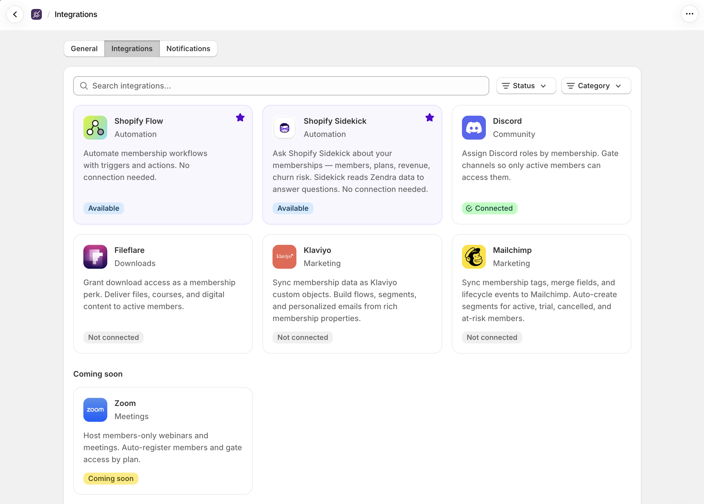Zendra’s Settings » Integrations tab with the Fileflare card alongside Shopify Flow, Sidekick, Discord, Klaviyo, and Mailchimp