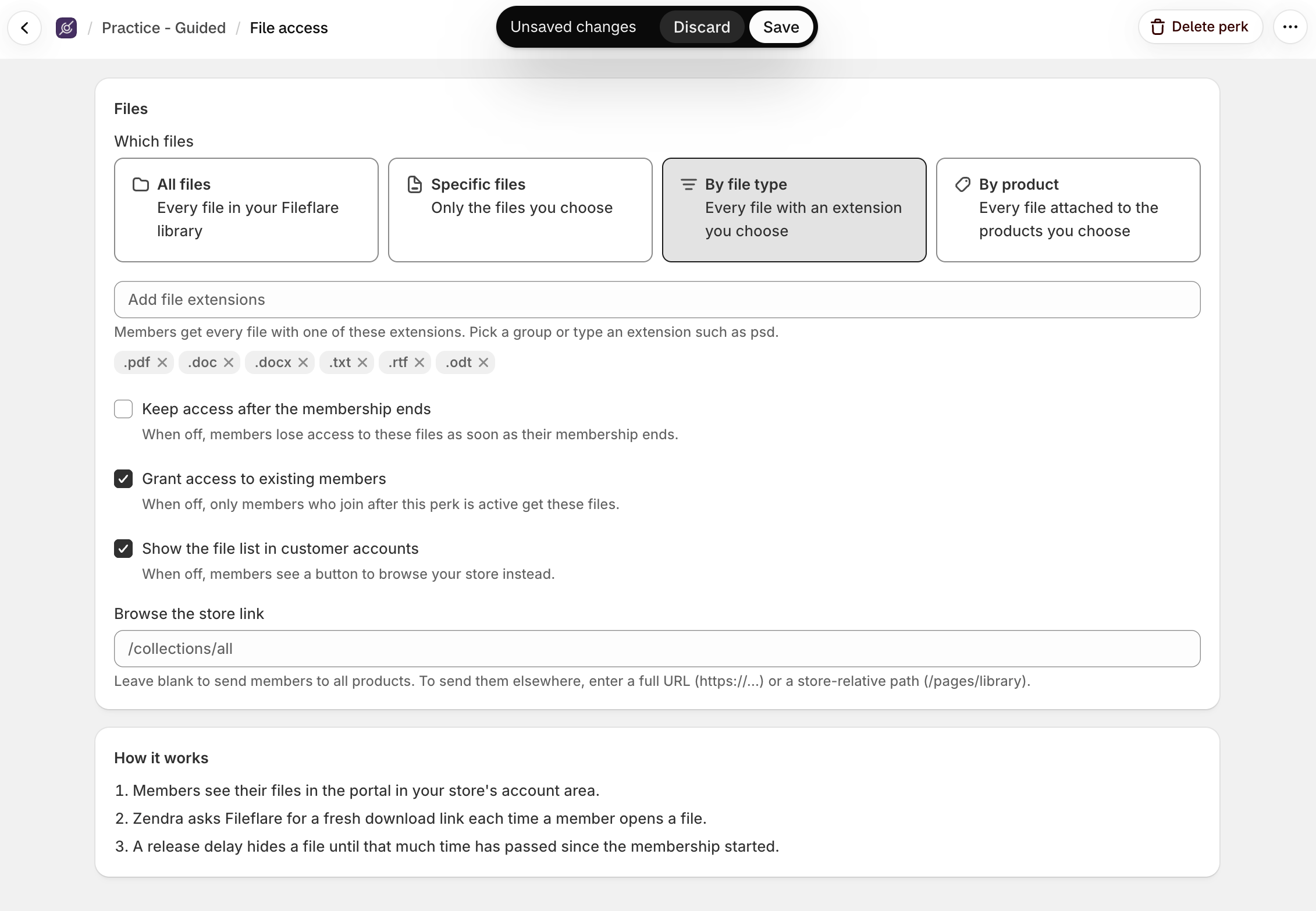 The File access perk editor with By file type selected and PDF and document extensions chosen, plus the Keep access, Grant access to existing members, and Show the file list options
