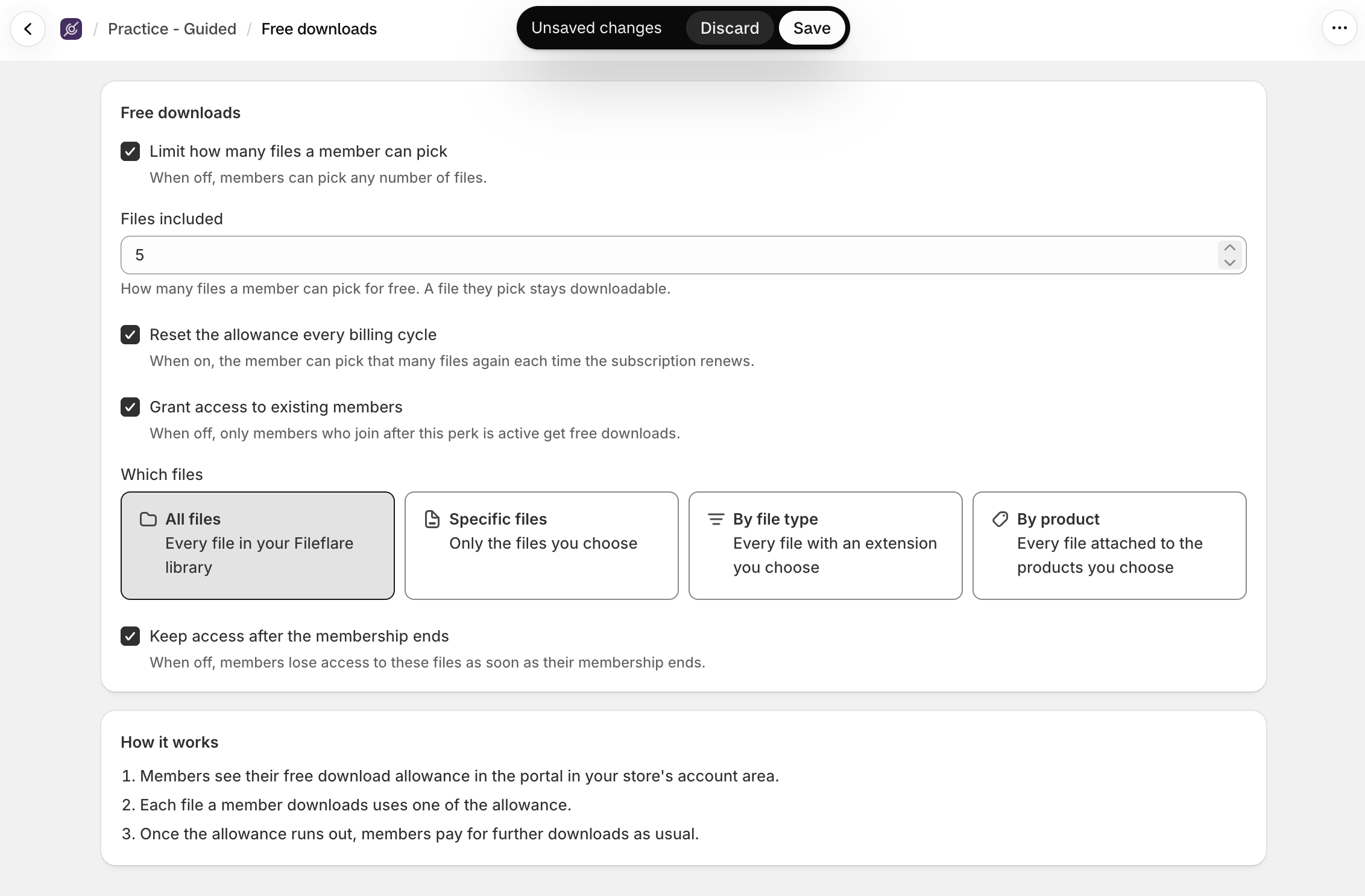 The Free downloads perk editor with a limit of 5 files, Reset the allowance every billing cycle turned on, Grant access to existing members, Which files set to All files, and Keep access after the membership ends